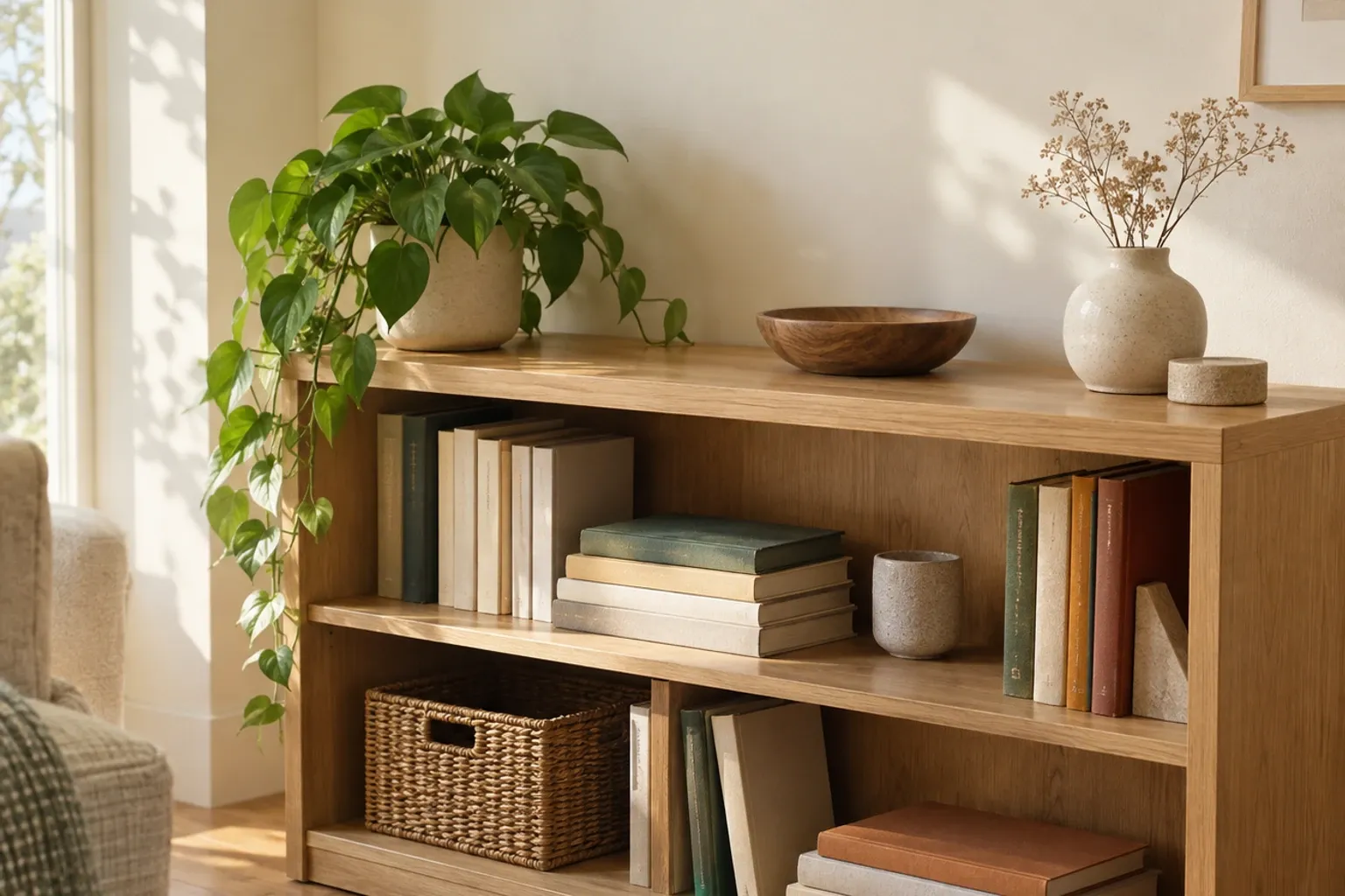 Lichte houten boekenkast met boeken, planten, mand en decoratieve vazen