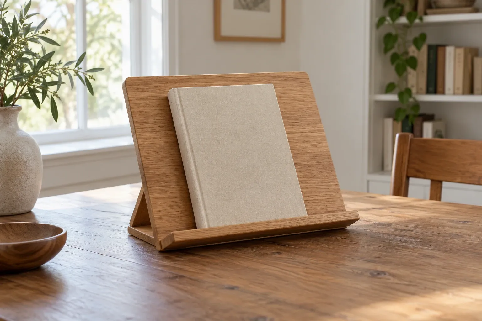 Houten boekenstandaard op tafel met een beige boek in zonnige woonkamer