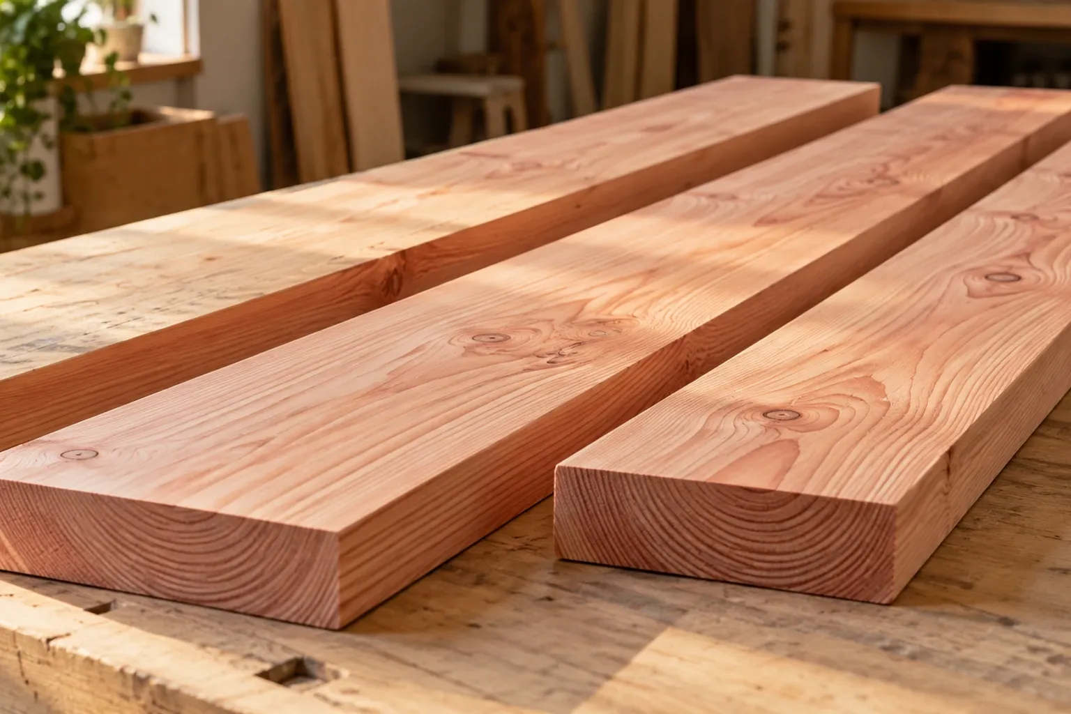 Drie gladgeschuurde Douglas houten planken liggend op een werkbank, warm zonlicht