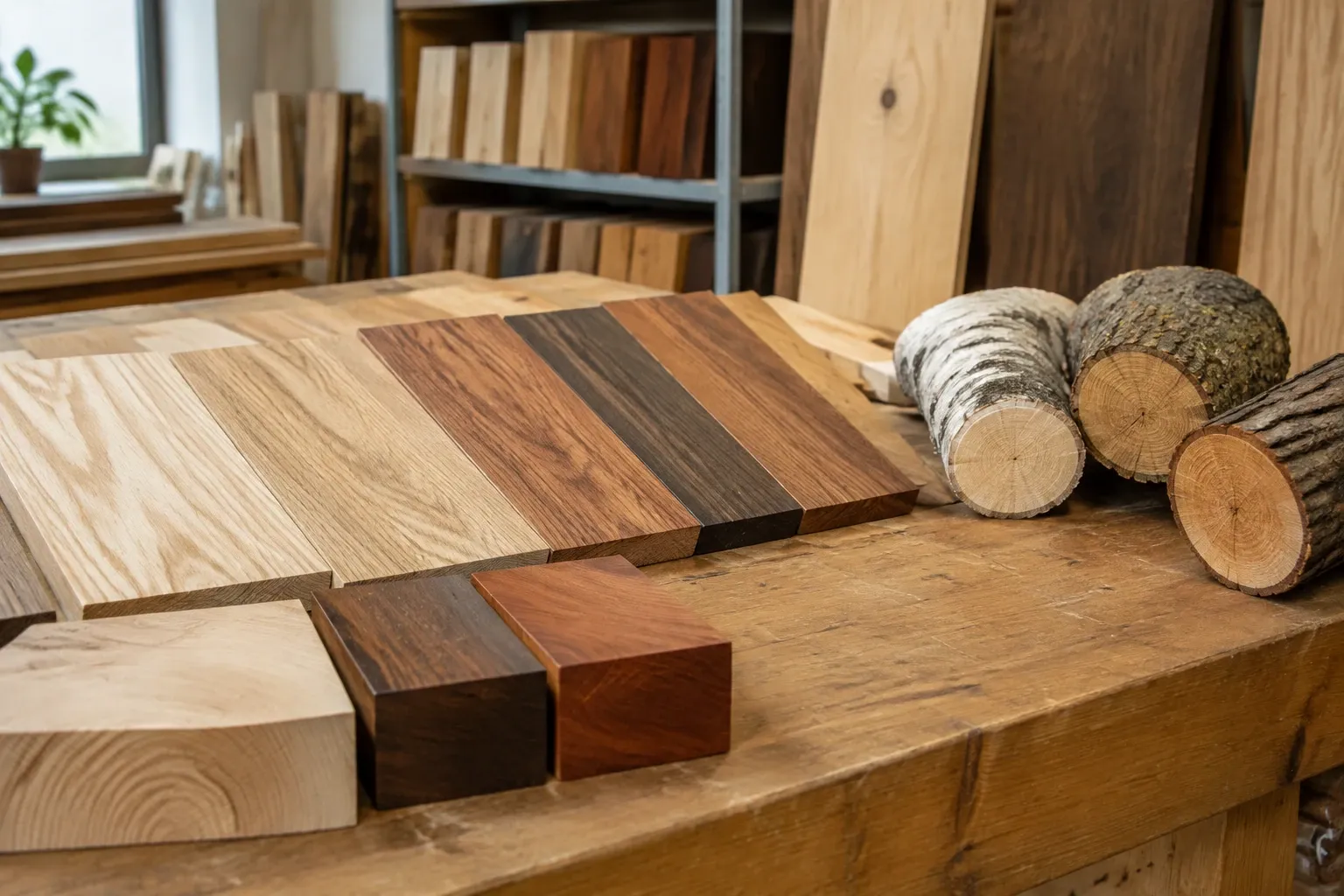 Diverse houten planken en blokken met nerf op een werkbank naast ronde boomstammen