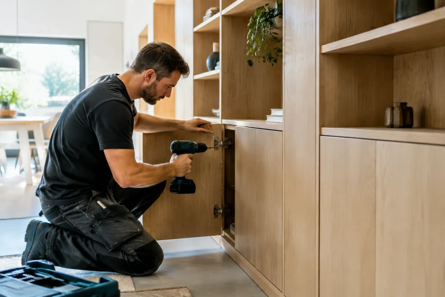 Monteur monteert scharnier met accuboormachine aan maatwerk houten kast in woonkamer