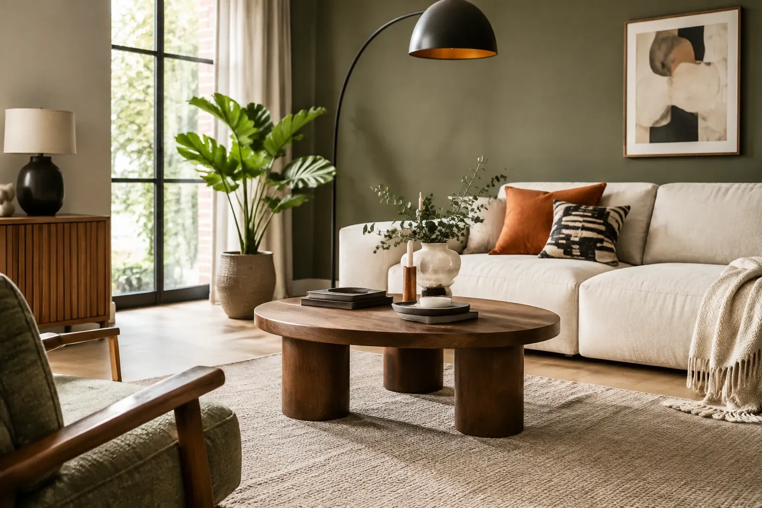 Woonkamer met groene muur, beige bank, ronde houten salontafel en planten