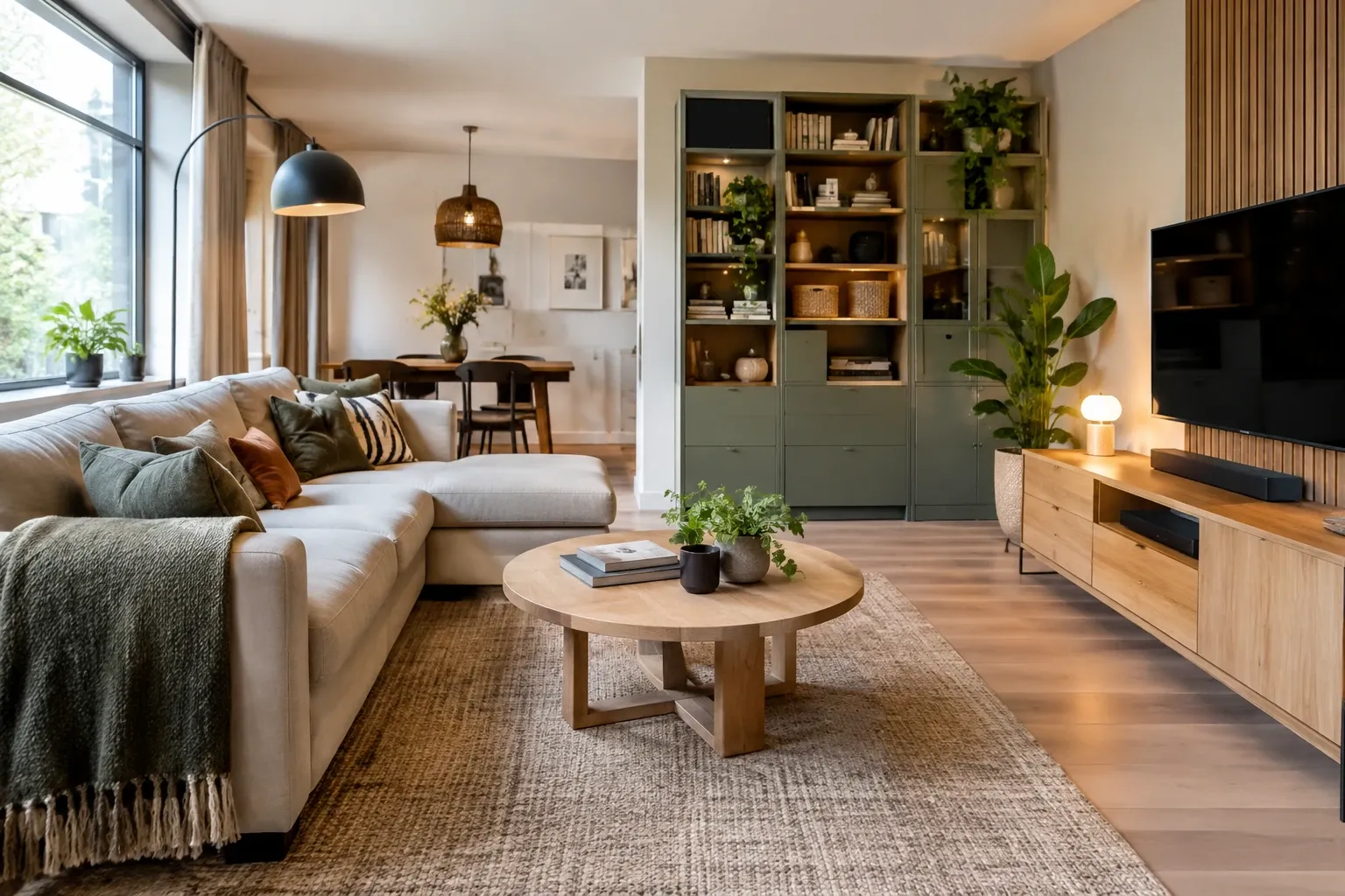 Lichte zithoek met hoekbank, ronde salontafel, wandkast en tv-meubel, veel groen