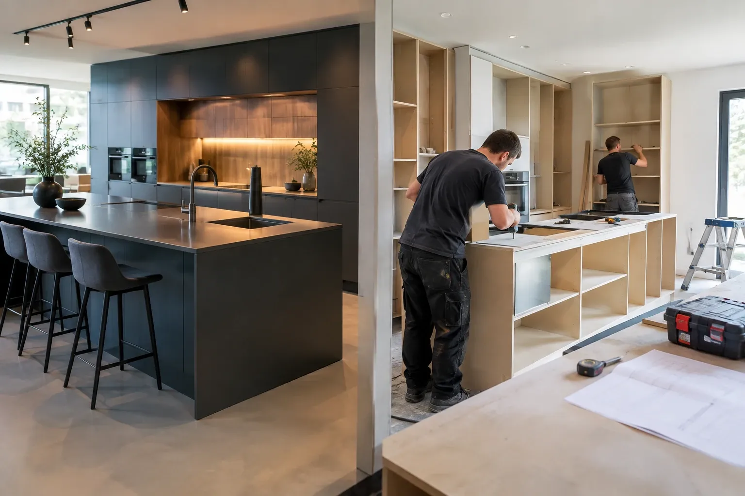 Monteurs plaatsen kasten in een moderne donkere keuken met kookeiland en barkrukken