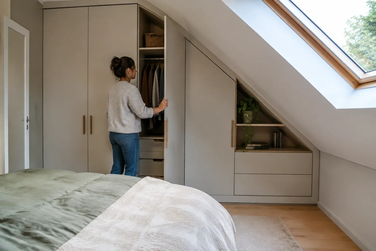 Vrouw opent op maat gemaakte kast onder schuine wand naast dakraam