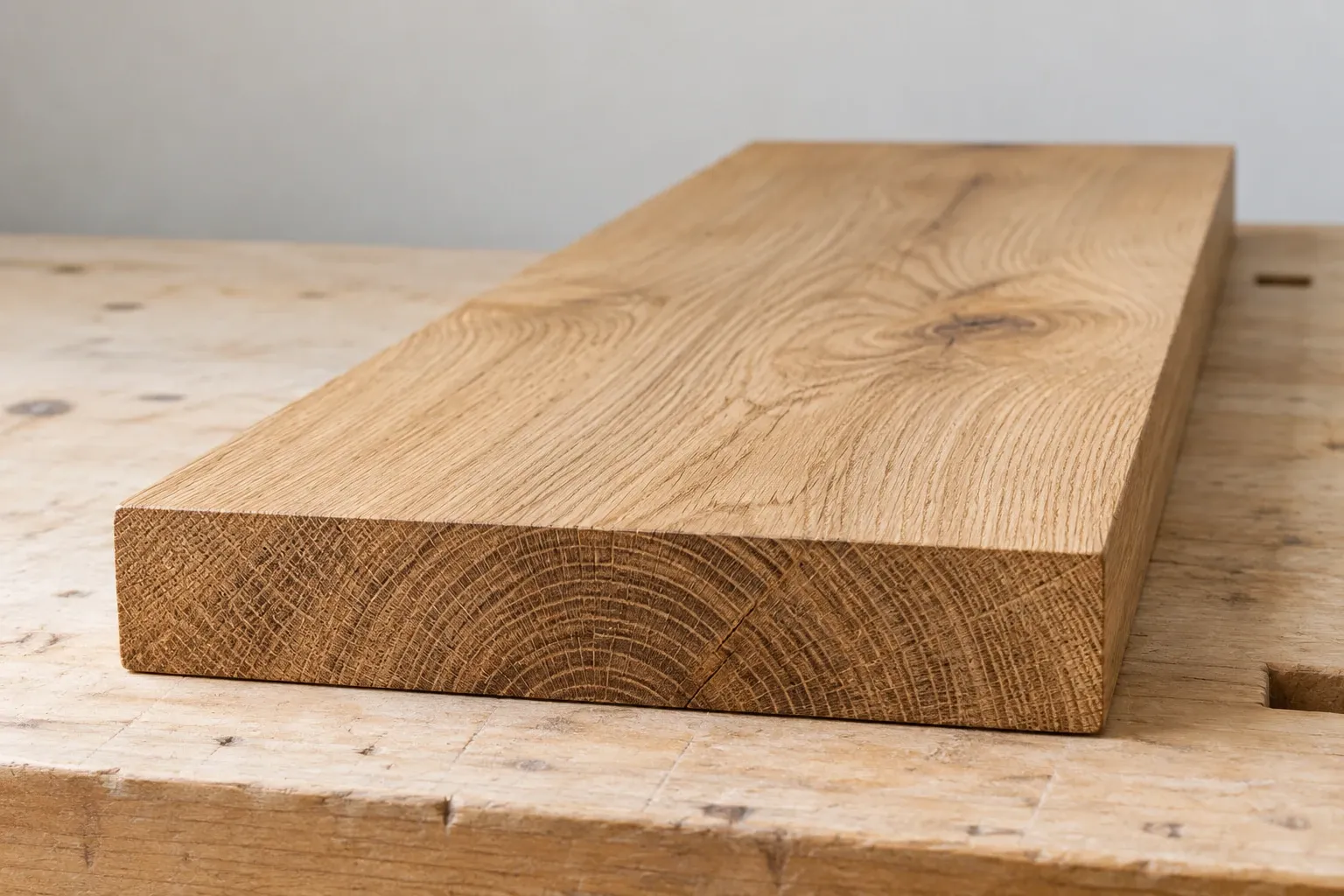 Massief eikenhouten plank met zichtbare jaarringen op een werkbank met zacht licht