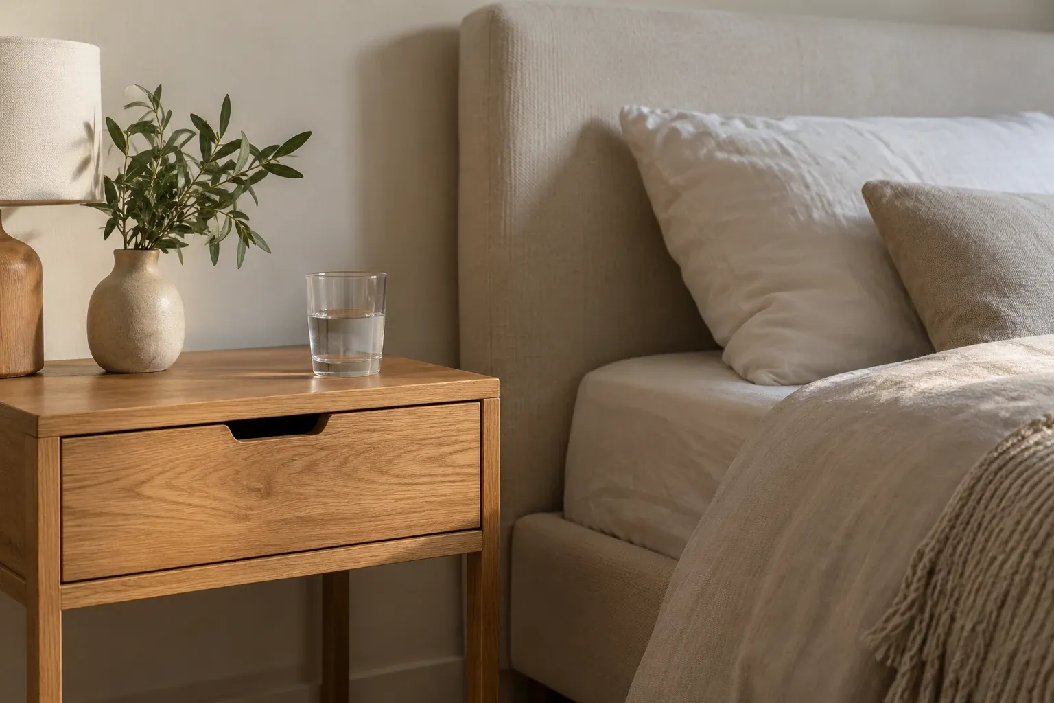 Houten nachtkastje met vaas, glas water en bed in warme ochtendlichtomstandigheden
