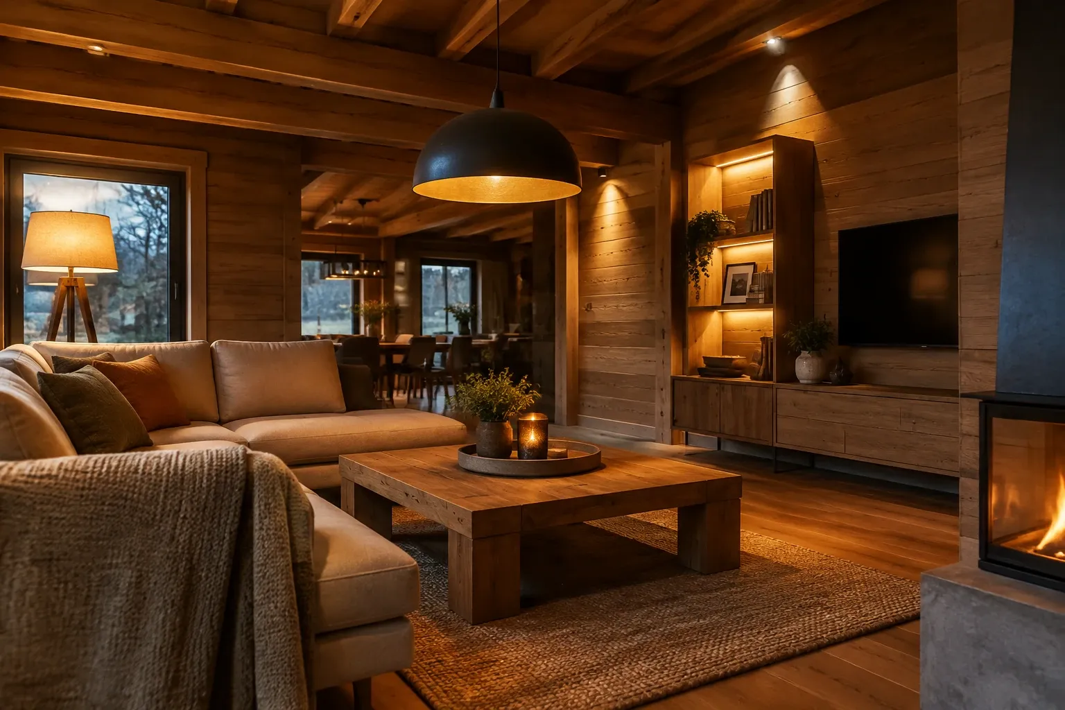 Warm verlichte houten woonkamer met hanglamp, vloerlamp, haard en houten salontafel