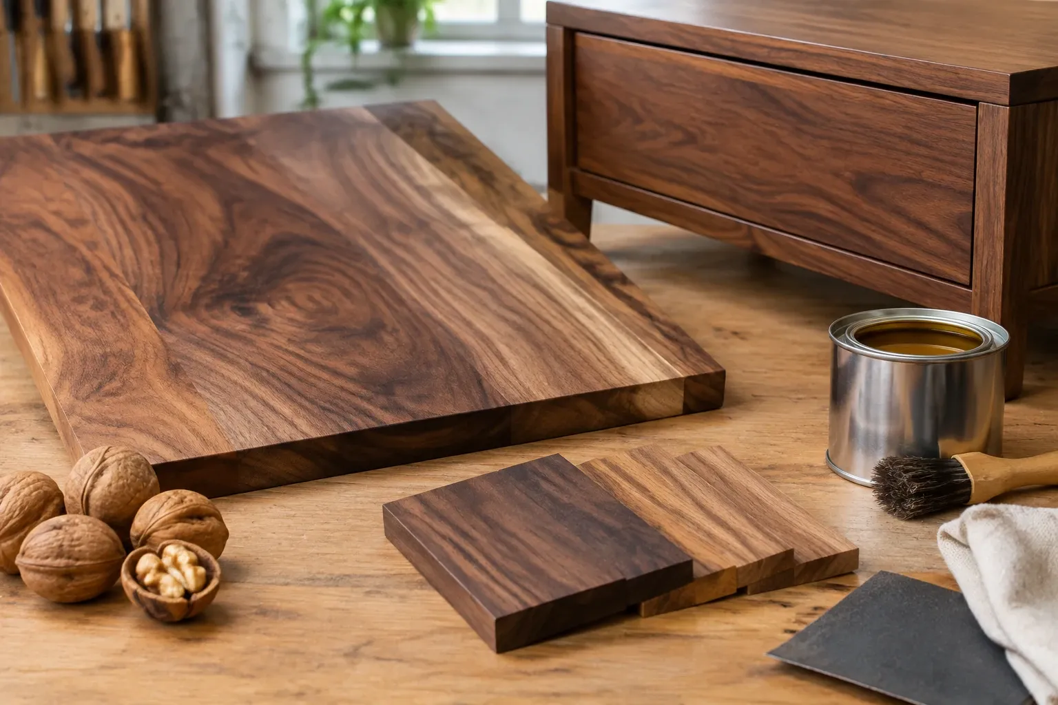 Walnoothouten snijplank en houten ladepaneel met walnoten, olieblik en kwast