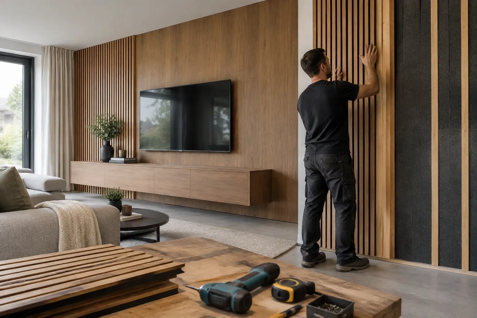 Man monteert verticale houten lamellenwand in moderne woonkamer met tv en gereedschap