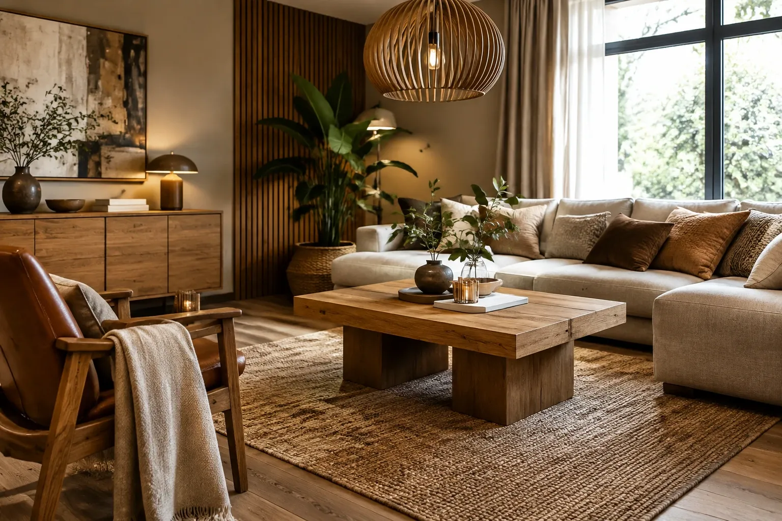 Lichte woonkamer met houten salontafel, beige hoekbank, leren fauteuil en groen plantengroen